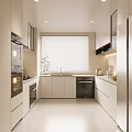 Modern Kitchen Interior Design With White Cabinets Refrigerator Oven Sink And Window