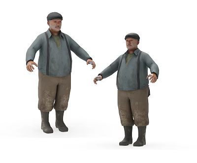 Two Men Wearing Gray Shirts Stained Brown Pants And Black Boots With Flat Caps 3d model