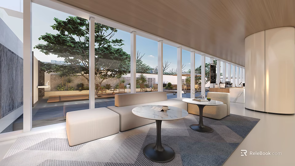 Modern Casual Area With Large Windows Green Trees Beige Sofas And Round Coffee Tables 3d model 