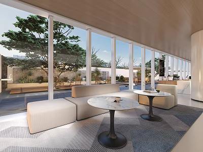 Modern Casual Area With Large Windows Green Trees Beige Sofas And Round Coffee Tables 3d model