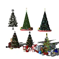 Various Decorated Christmas Trees With Colorful Lights And Gift Displays