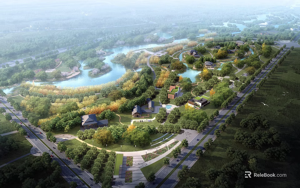 Scenic Park Landscape With Winding River Green Trees Lush Grass And Walking Paths 3d model 