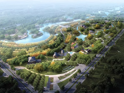 Scenic Park Landscape With Winding River Green Trees Lush Grass And Walking Paths 3d model