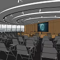 Modern Conference Room Interior Design With Curved Ceiling Arranged Tables And Large Windows