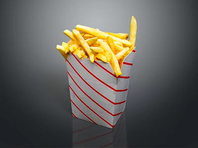 Crispy French Fries Served in Red and White Striped Paper Container 3d model