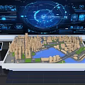 Digital Urban Planning Sand Table With City Models And Blue Holographic Interface