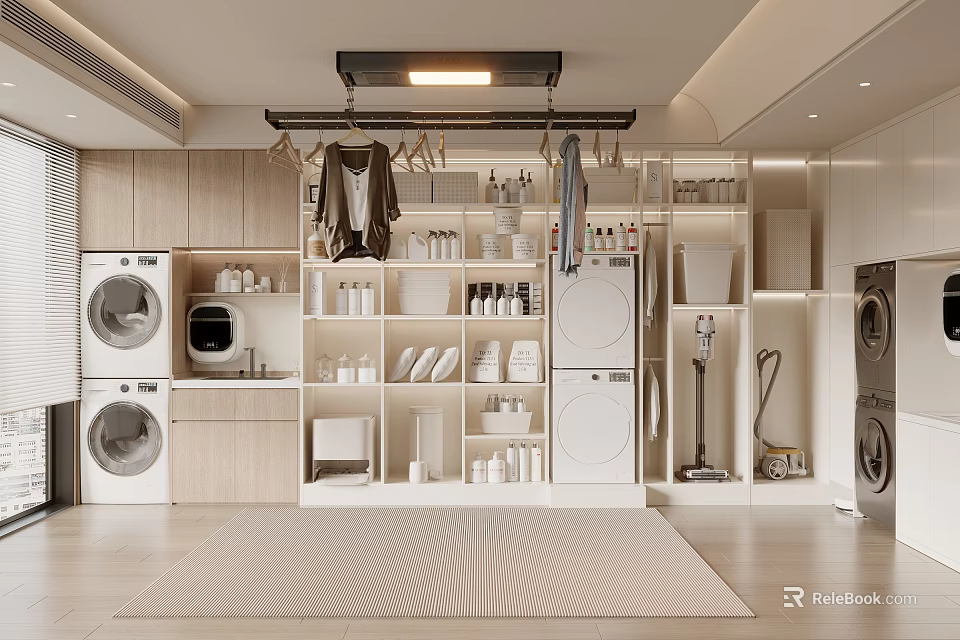 Modern Laundry Room With Washing Machines Dryers Hanging Clothes And Storage Cabinets 3d model 