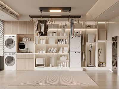 Modern Laundry Room With Washing Machines Dryers Hanging Clothes And Storage Cabinets 3d model