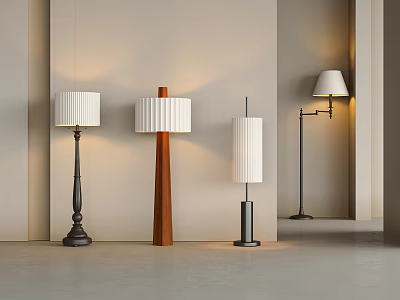Various Styles Floor Lamps With Wooden Metal Bases And Pleated Fabric Shades 3d model
