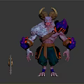 Horned Demon Creature With Muscular Body Blue Glowing Arms Purple Skin And Axe