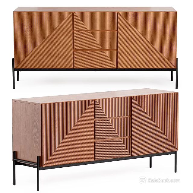Modern Wooden TV Stand With Geometric Textured Panels And Black Metal Legs 3d model 