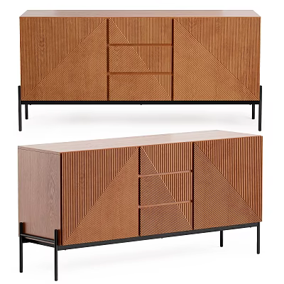 Modern Wooden TV Stand With Geometric Textured Panels And Black Metal Legs 3d model
