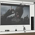 Home Theater Setup With Projector Screen Black Myth Wukong Poster Speakers And Robot Figurine