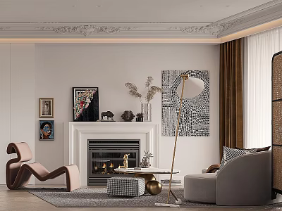 Modern Living Room Interior With Fireplace Accent Chair And Artworks 3d model