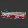 Vintage Red and White Train Model with Japanese Characters on Side Displayed on Gray Background