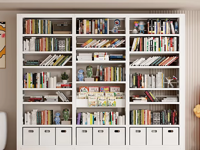 White Multipurpose Shelf Unit With Books Decorative Items And Storage Drawers 3d model