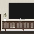 Classic Wooden TV Stand With Glass Doors And Decorative Items Like Books Clock And Plant