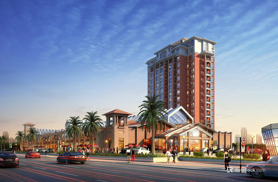 Commercial Street With Tall Buildings Palm Trees Cars And Pedestrians In Sunny Day 3d model 