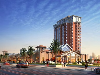 Commercial Street With Tall Buildings Palm Trees Cars And Pedestrians In Sunny Day 3d model