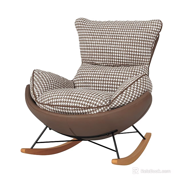 Modern Rocking Armchair With Houndstooth Pattern Brown White Upholstery Black Metal Frame And Wooden Rockers 3d model 