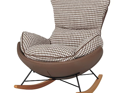 Modern Rocking Armchair With Houndstooth Pattern Brown White Upholstery Black Metal Frame And Wooden Rockers 3d model