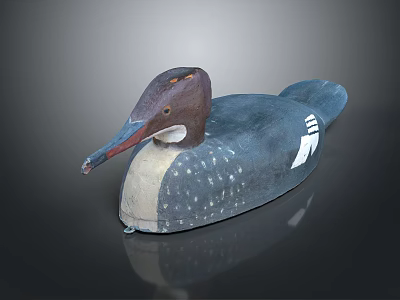 Hand Carved Wooden Duck Decoy With Blue White Spots And Realistic Appearance 3d model