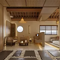Natural Style Interior With Wooden Beams Woven Pendant Light Decorative Art And Stone Tiles