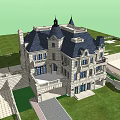 European Style Detached Villa Exterior With Stone Facade Dark Roof And Lawn Driveway