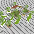Modern Irregular Shaped Tree Planters With Green Trees And Lawn On Striped Floor