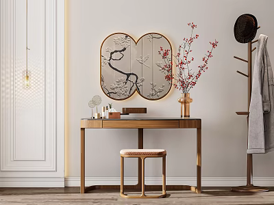 Modern Chinese Dressing Table With Decorative Mirror Flower Vase And Stool 3d model