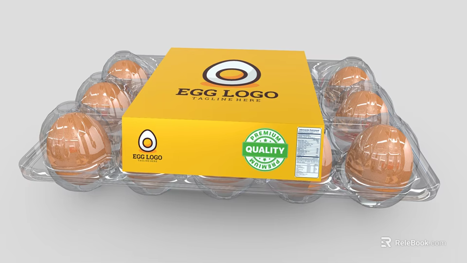Fresh Brown Eggs in Transparent Plastic Tray With Yellow Box and Quality Label 3d model 