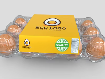 Fresh Brown Eggs in Transparent Plastic Tray With Yellow Box and Quality Label 3d model