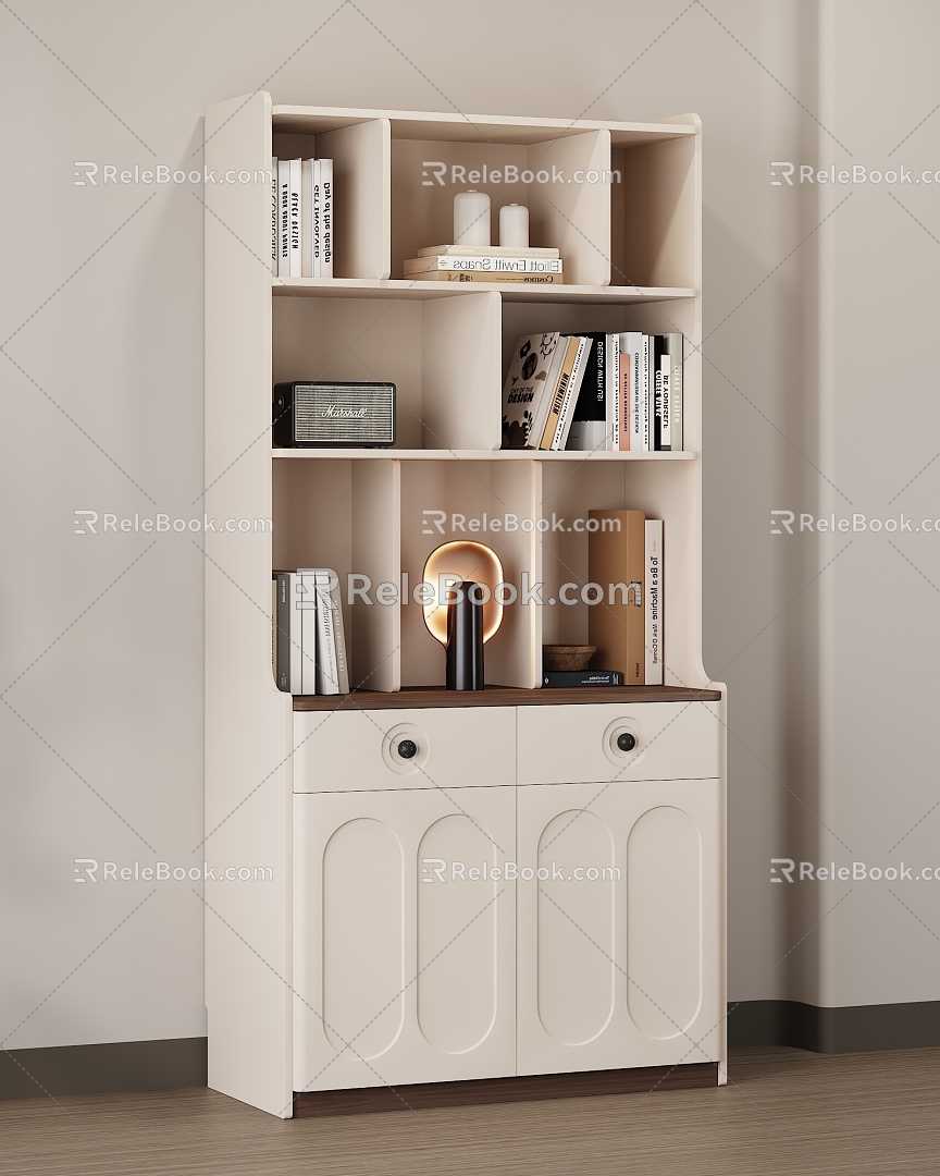 Cream Style Study Bookcase Storage Cabinet Grocery Cabinet Bookshelf Cream White Walnut Wood Floor Book Jewelry Rack Decorative Cabinet Decorative Rack 3d model