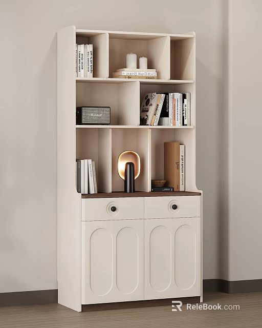 Modern White Bookcase With Open Shelves Drawers Cabinet Doors And Decorative Books 3d model 