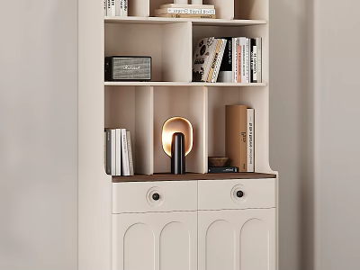 Modern White Bookcase With Open Shelves Drawers Cabinet Doors And Decorative Books 3d model