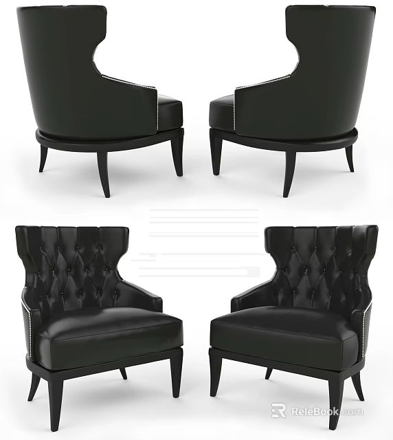 Elegant Black Leather Single Sofa With Tufted Back Armrest And Nailhead Trim 3d model