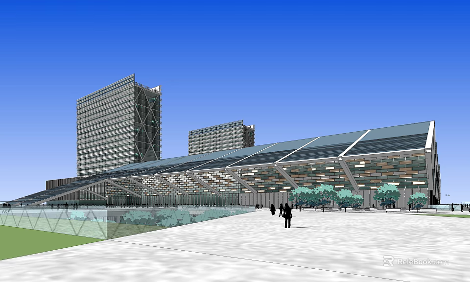 Modern Urban Architecture Complex With Glass Roof Open Plaza Pedestrians And Blue Sky 3d model 