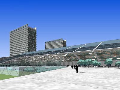 Modern Urban Architecture Complex With Glass Roof Open Plaza Pedestrians And Blue Sky 3d model