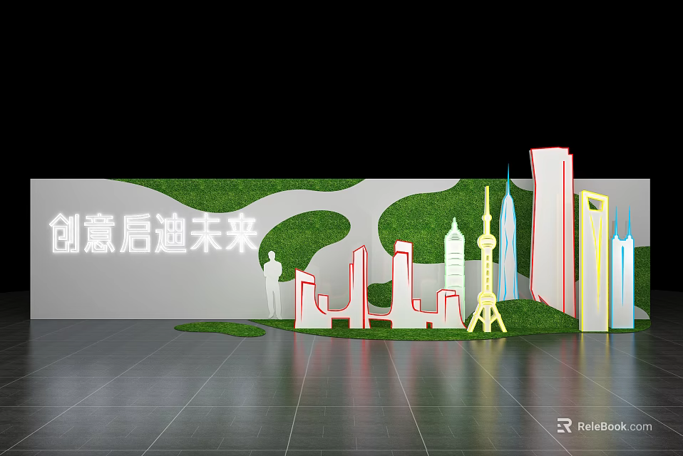 Creative Future Inspired Cityscape Design With Green Grass And Building Silhouettes 3d model 