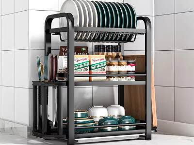 Modern Kitchen Storage Rack With Plates Bowls Spice Jars And Wooden Cabinets 3d model