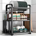 Modern Kitchen Storage Rack With Plates Bowls Spice Jars And Wooden Cabinets