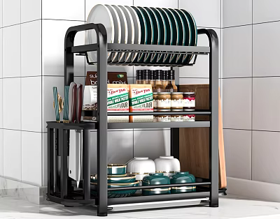 Modern Kitchen Storage Rack With Plates Bowls Spice Jars And Wooden Cabinets 3d model