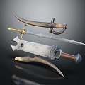 Ancient Weapons Collection Featuring Curved Swords Long Blades And Metal Handles