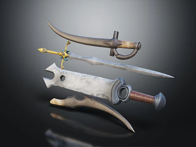 Ancient Weapons Collection Featuring Curved Swords Long Blades And Metal Handles 3d model