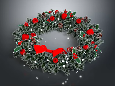 Christmas Wreath Decoration With Green Foliage Red Berries Pine Cones White Balls And Red Bow 3d model