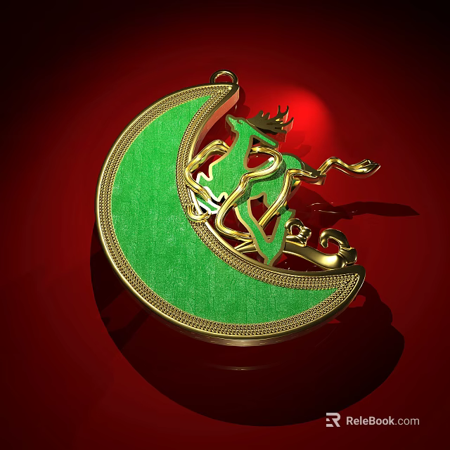 Green Crescent Shaped Jewelry Pendant With Intricate Golden Deer Design 3d model 