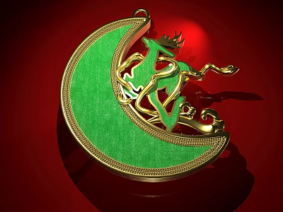 Green Crescent Shaped Jewelry Pendant With Intricate Golden Deer Design 3d model