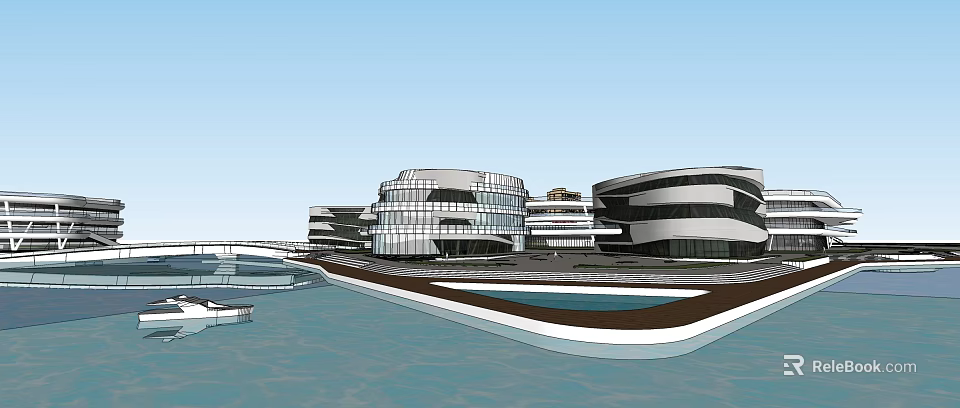 Modern Commercial Complex With Waterfront Glass Facade And Connected Walkways 3d model