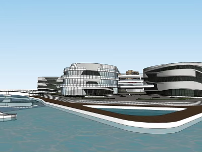 Modern Commercial Complex With Waterfront Glass Facade And Connected Walkways 3d model