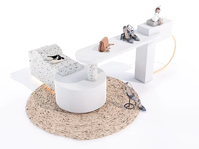 Elegant Modern Shoes Displayed On White Stand With Woven Rug Leather Bag And Small Figurines 3d model
